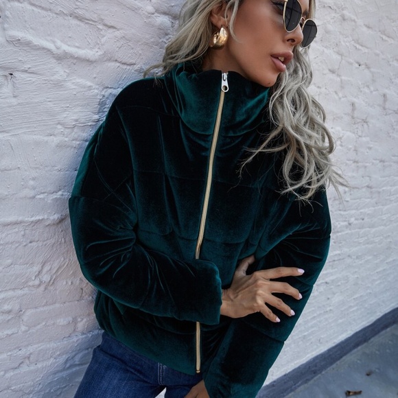 Cozy emerald green zipper velvet puffy bomber jacket Coat - Picture 4 of 7